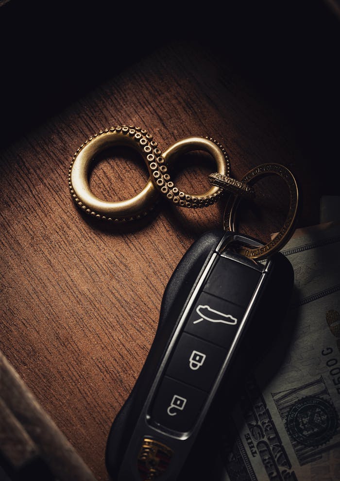 Close-up of a luxury car key with a decorative copper keychain on a wooden surface, evoking sophistication.